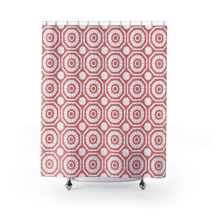 Japanese Shibori Shower Curtain - Dusty Rose + White Tie-Dye Pattern, Boho Bathroom Decor, Artisan Style, Water Resistant