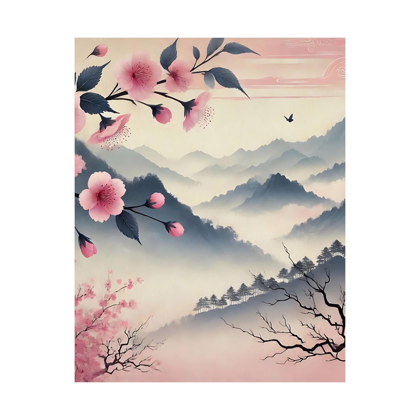 Cherry Blossom Mountain Art Poster