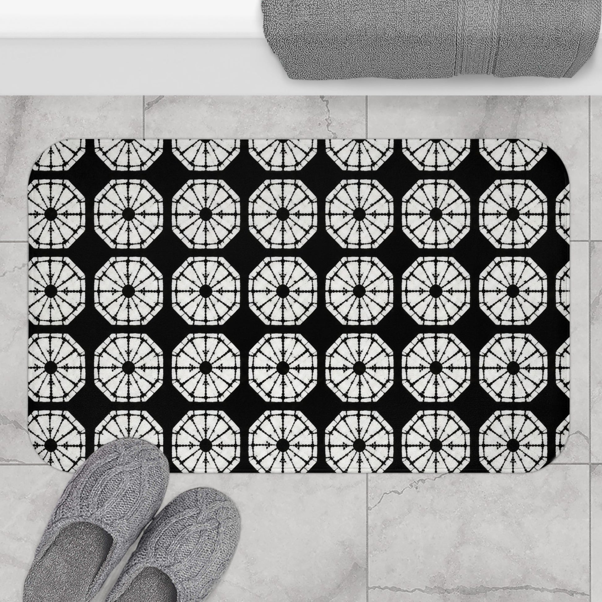 Japanese Shibori Bath Mat - Black + White Tie-Dye Pattern, Boho Bathroom Rug, Non-Slip, Spa Bathroom Decor