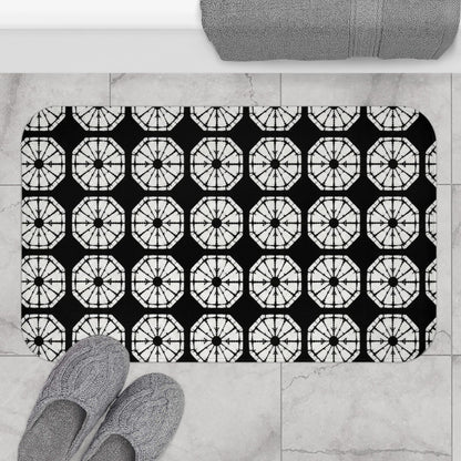 Japanese Shibori Bath Mat - Black + White Tie-Dye Pattern, Boho Bathroom Rug, Non-Slip, Spa Bathroom Decor