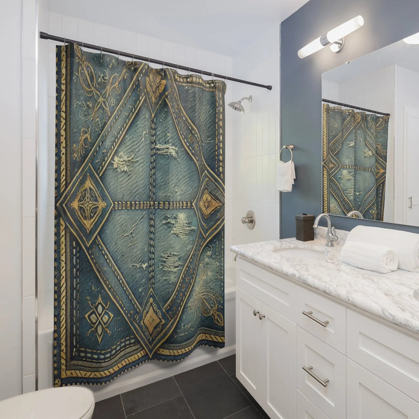 Vintage-Inspired Denmin Shower Curtain with Elegant Blue and...