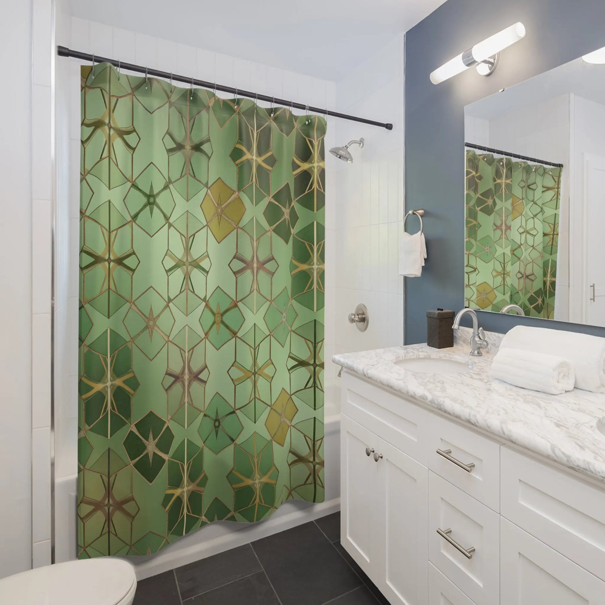 Green Geometric Star Pattern Shower Curtain