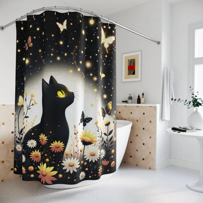 Whimsical Cat and Butterflies Shower Curtain