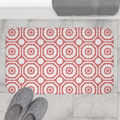 Japanese Shibori Bath Mat - Dusty Rose + White Tie-Dye Pattern, Boho Bathroom Rug, Non-Slip, Spa Bathroom Decor