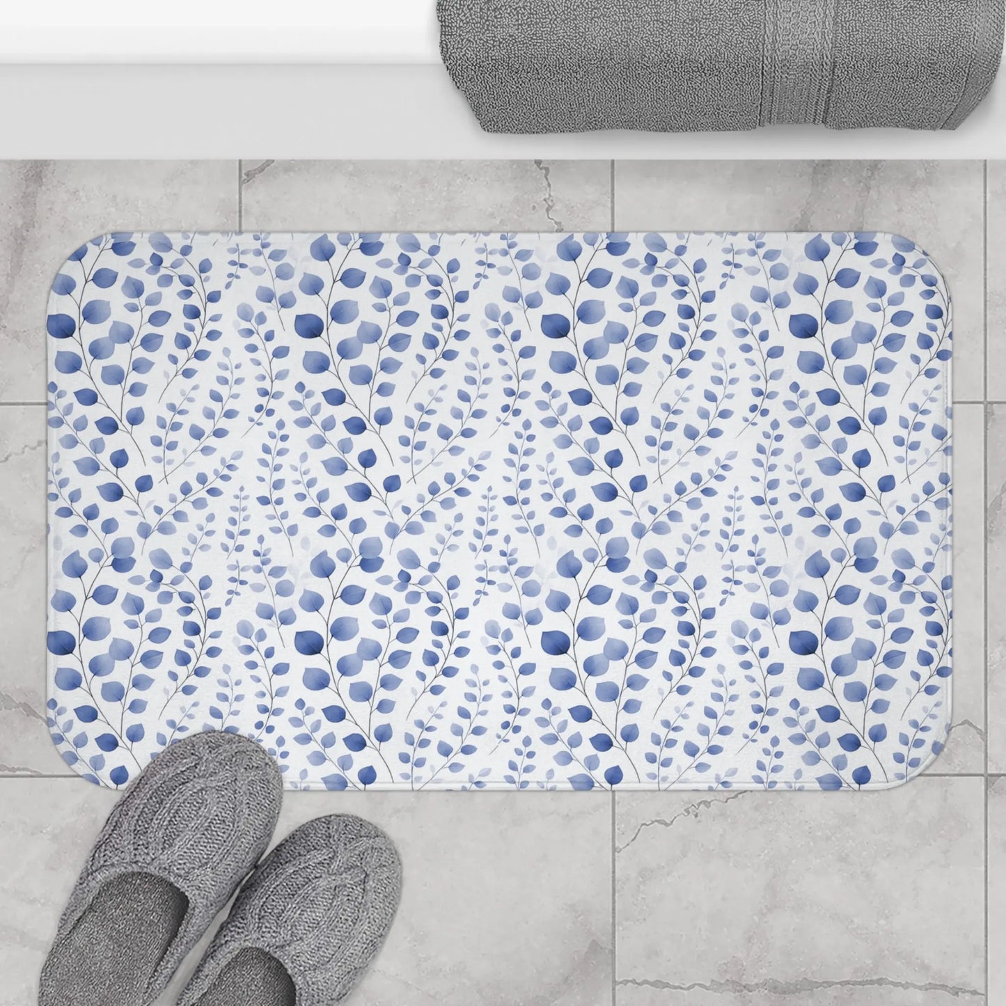 Blue Botanical Pattern Bath Mat