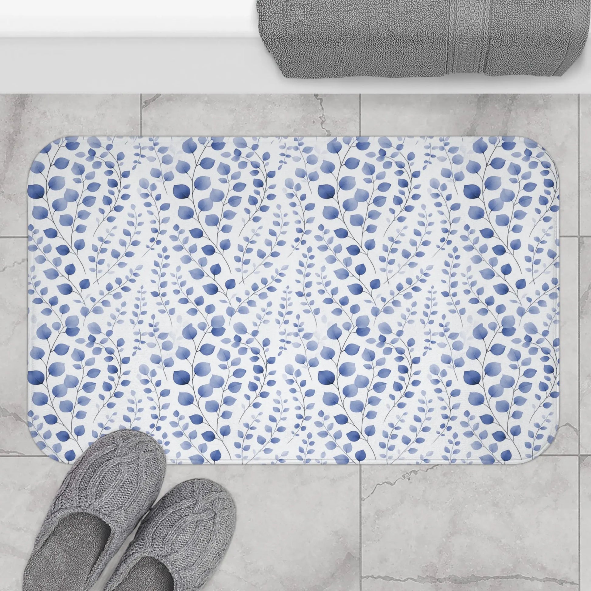 Blue Botanical Pattern Bath Mat