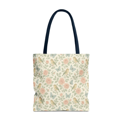 Vintage Rose & Bird Tote Bag — size comparison flat lay