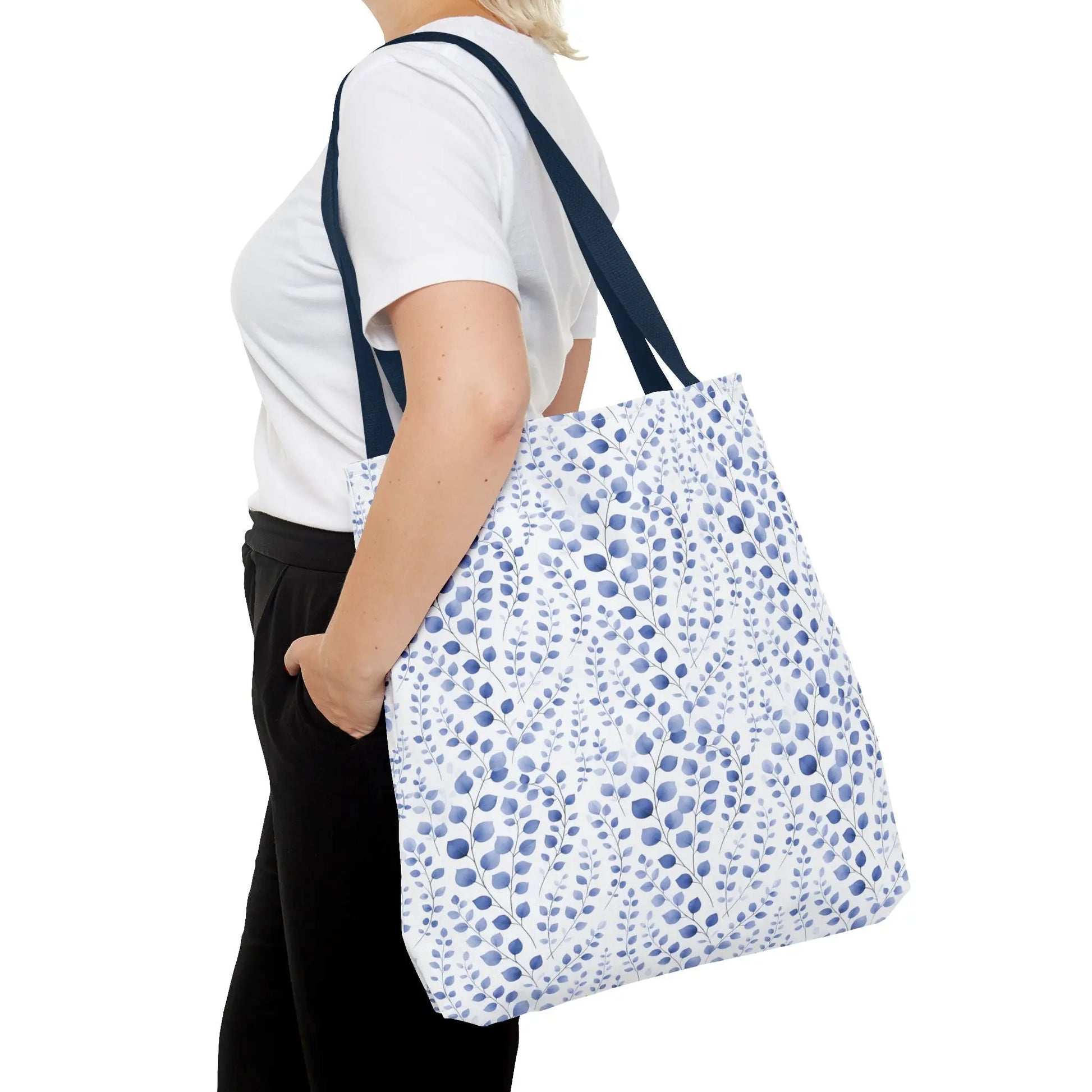 Blue Watercolor Dot Leaf Pattern Tote Bag