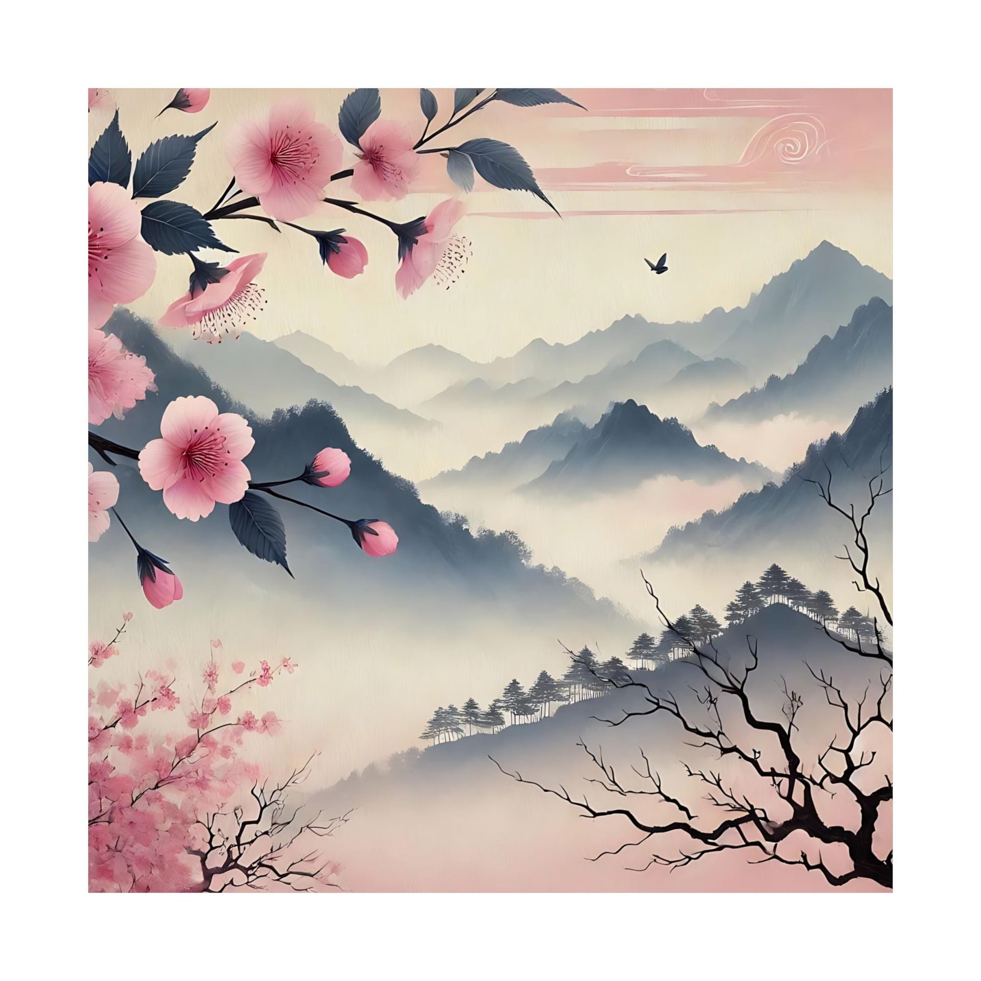 Cherry Blossom Mountain Art Poster
