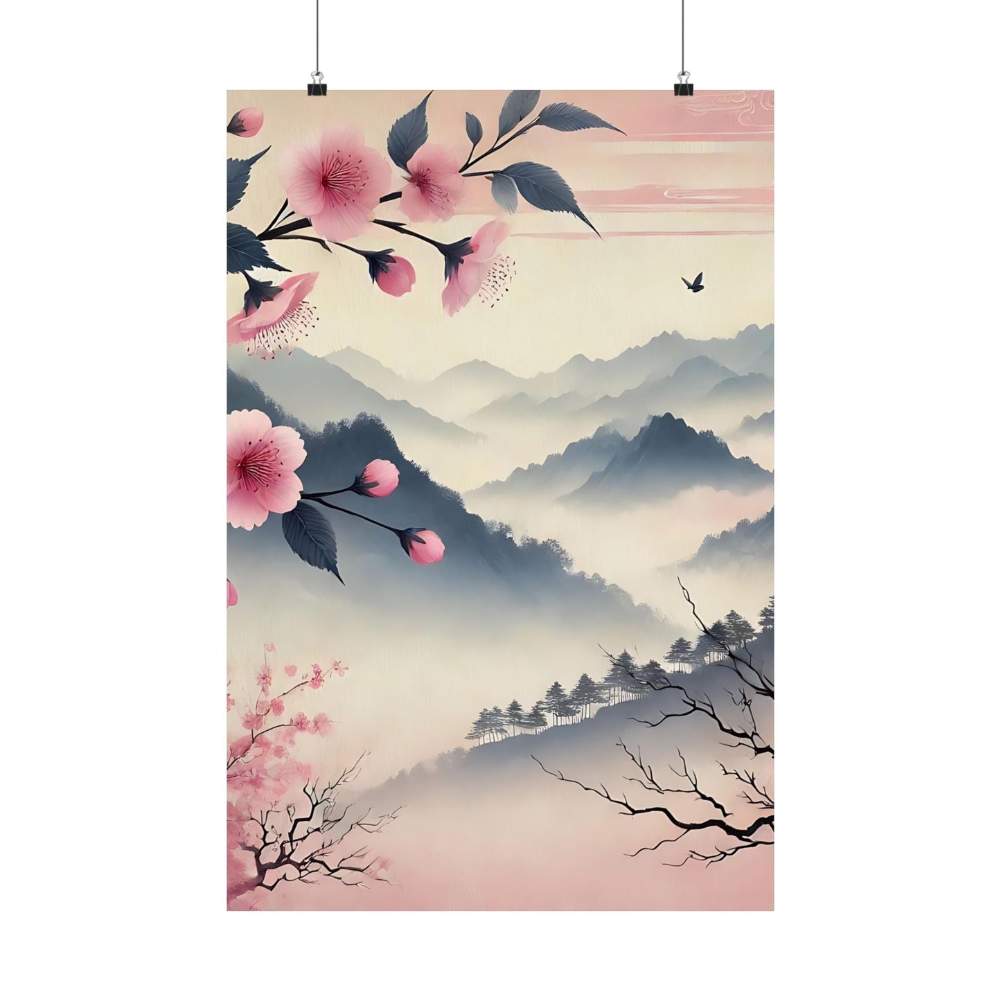 Cherry Blossom Mountain Art Poster
