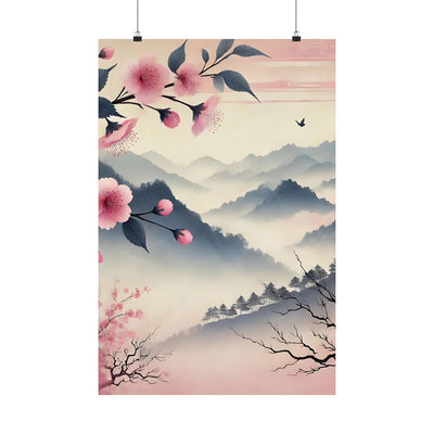 Cherry Blossom Mountain Art Poster