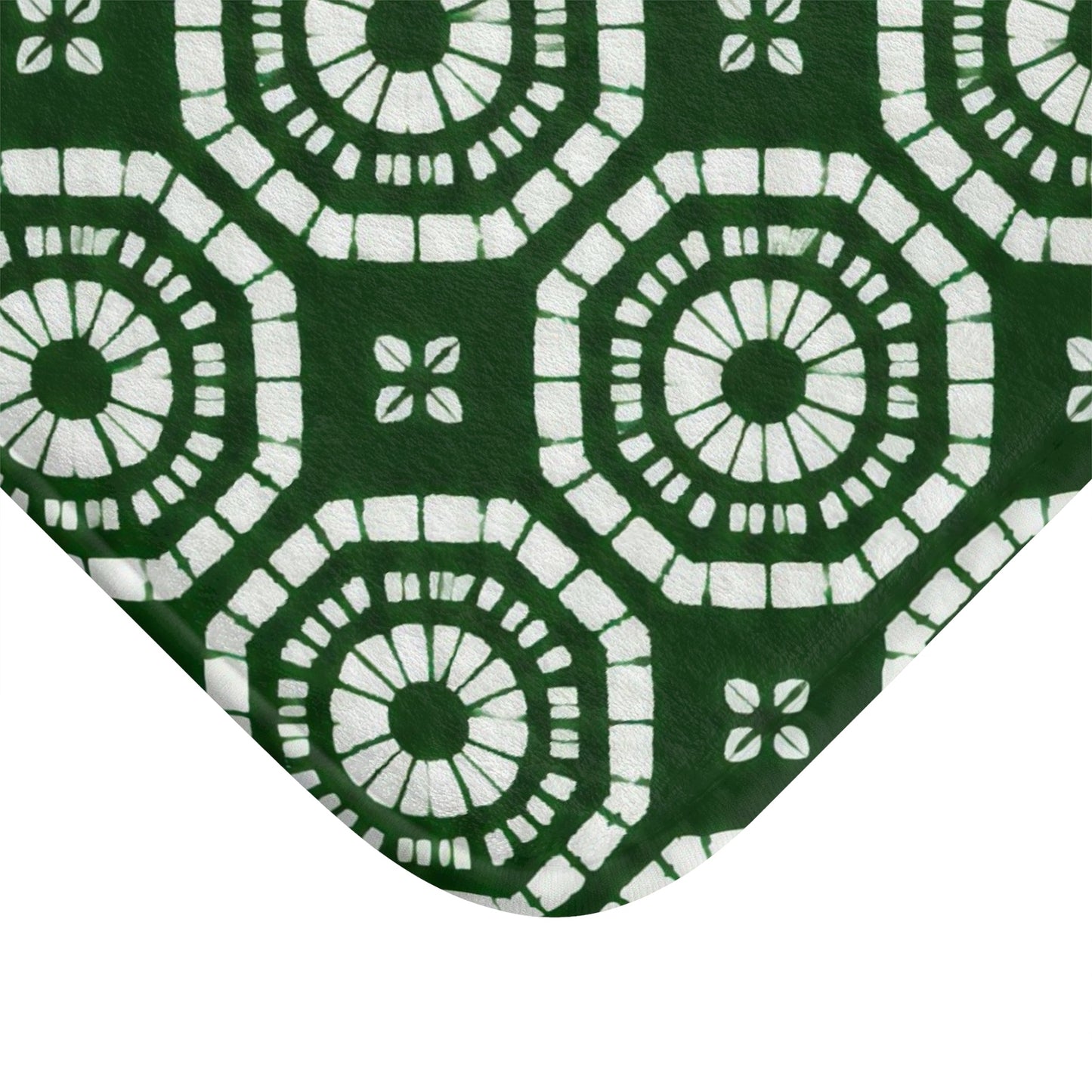 Japanese Shibori Bath Mat - Forest Green + White Tie-Dye Pattern, Boho Bathroom Rug, Non-Slip, Spa Bathroom Decor