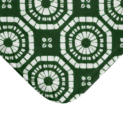 Japanese Shibori Bath Mat - Forest Green + White Tie-Dye Pattern, Boho Bathroom Rug, Non-Slip, Spa Bathroom Decor
