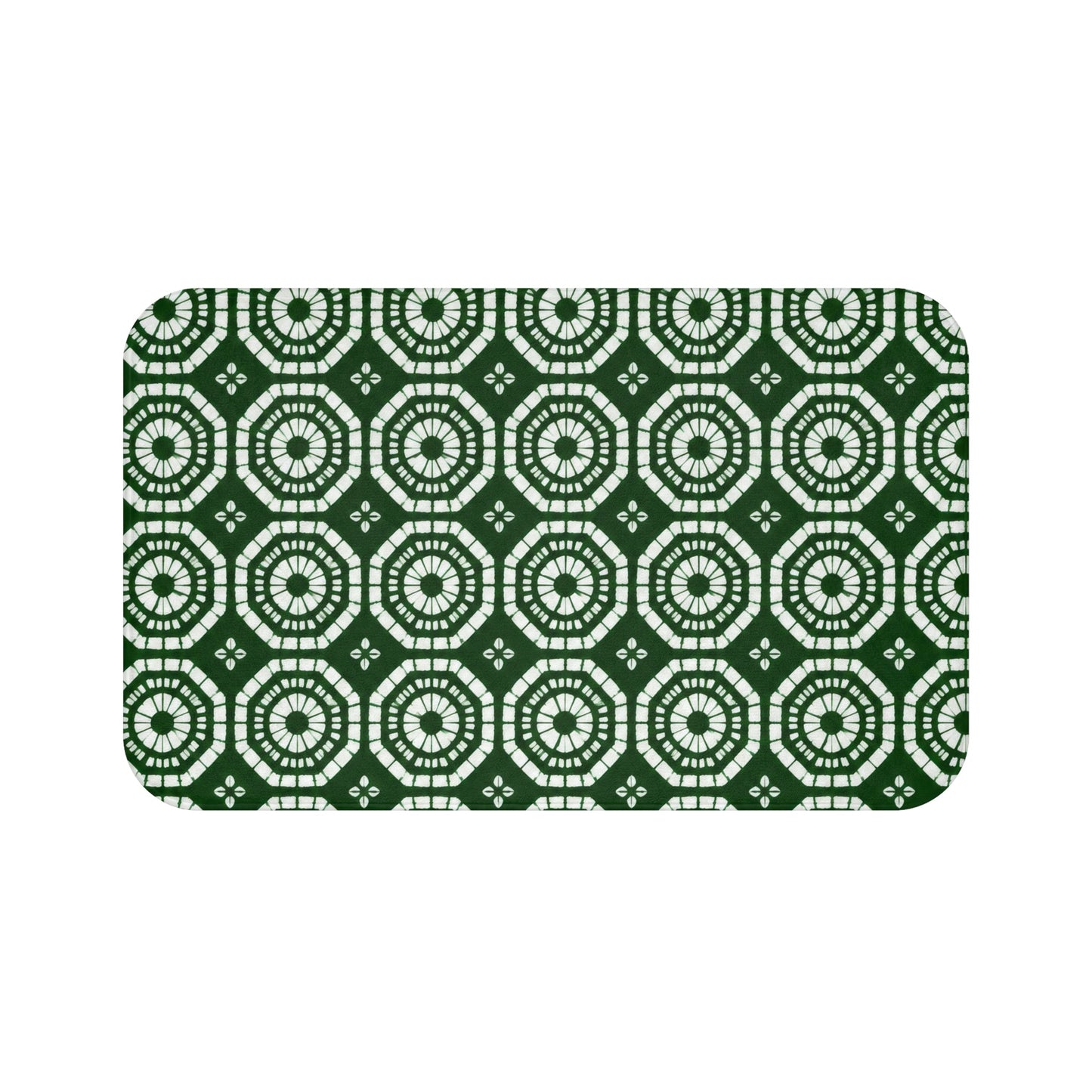 Japanese Shibori Bath Mat - Forest Green + White Tie-Dye Pattern, Boho Bathroom Rug, Non-Slip, Spa Bathroom Decor