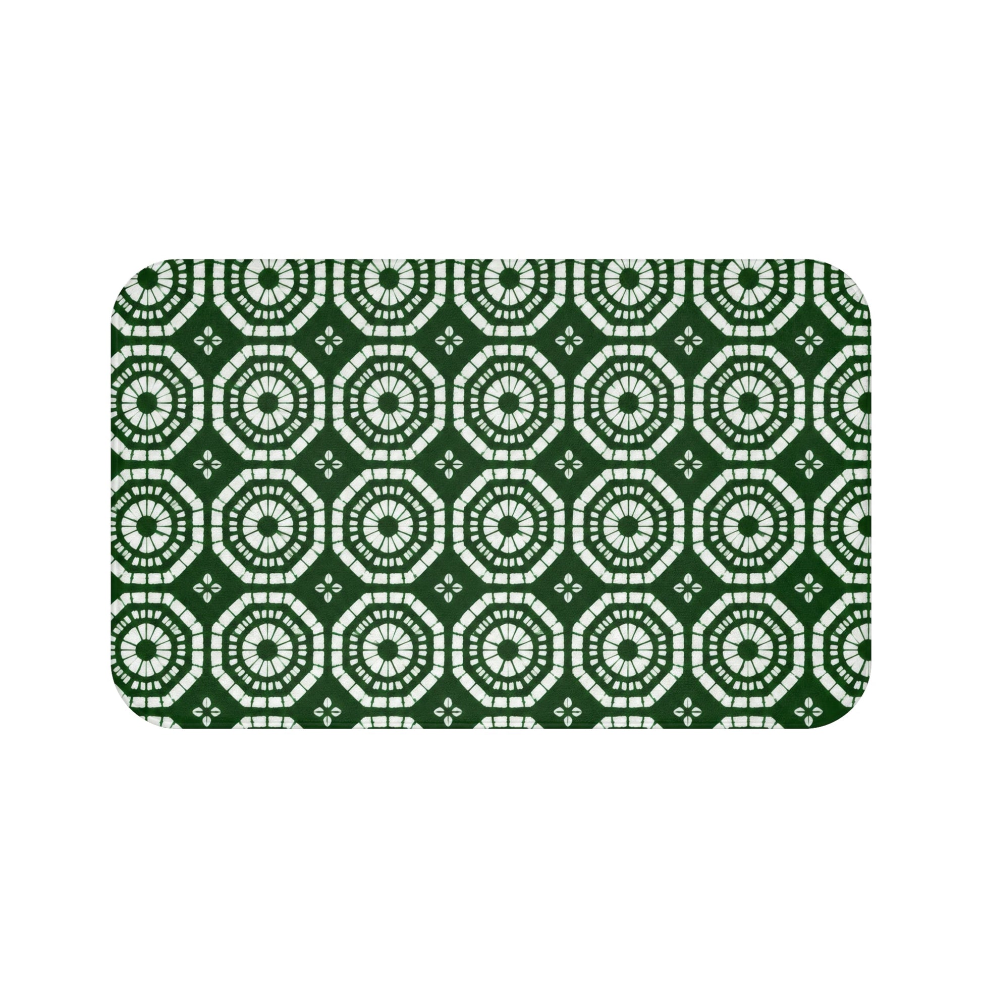 Japanese Shibori Bath Mat - Forest Green + White Tie-Dye Pattern, Boho Bathroom Rug, Non-Slip, Spa Bathroom Decor