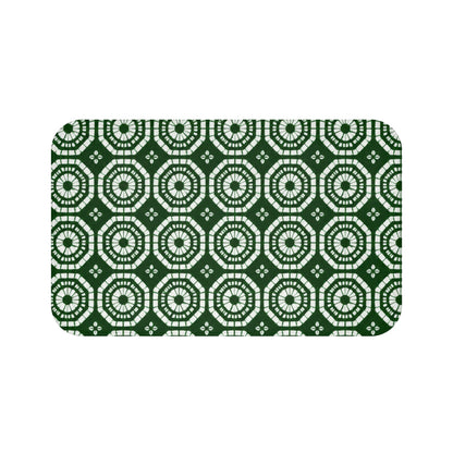 Japanese Shibori Bath Mat - Forest Green + White Tie-Dye Pattern, Boho Bathroom Rug, Non-Slip, Spa Bathroom Decor