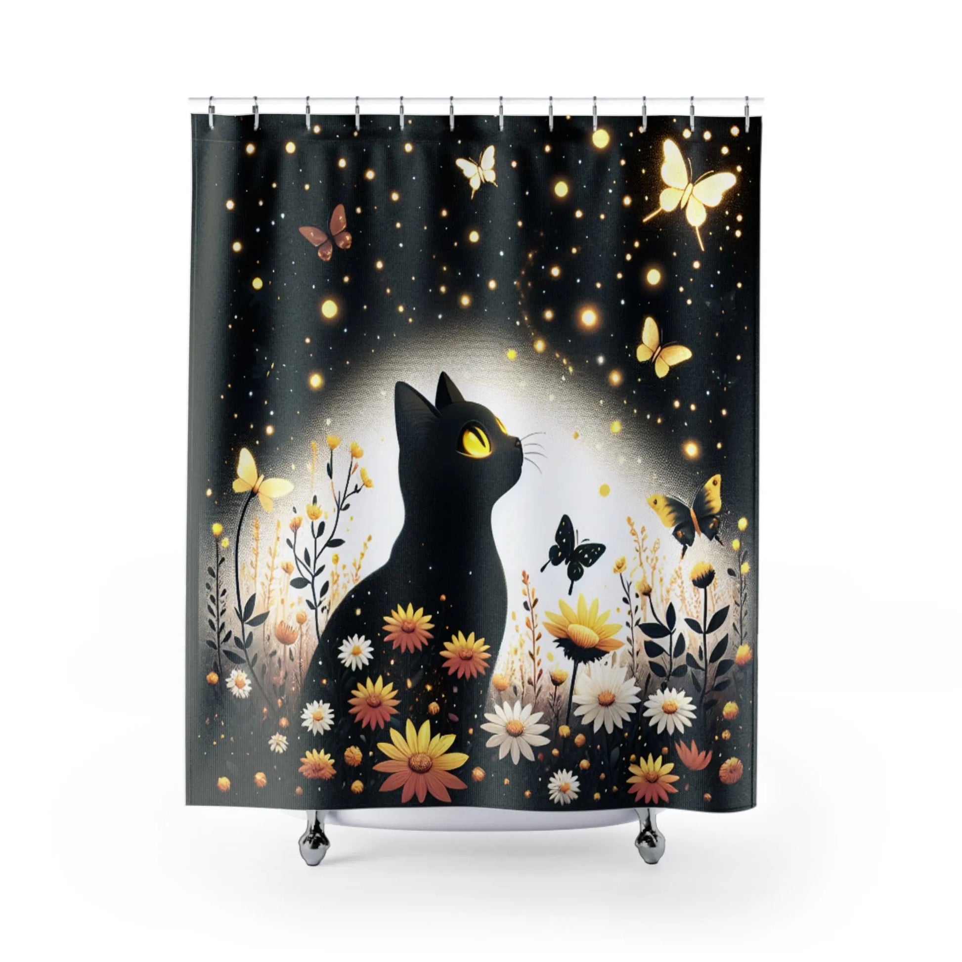 Whimsical Cat and Butterflies Shower Curtain