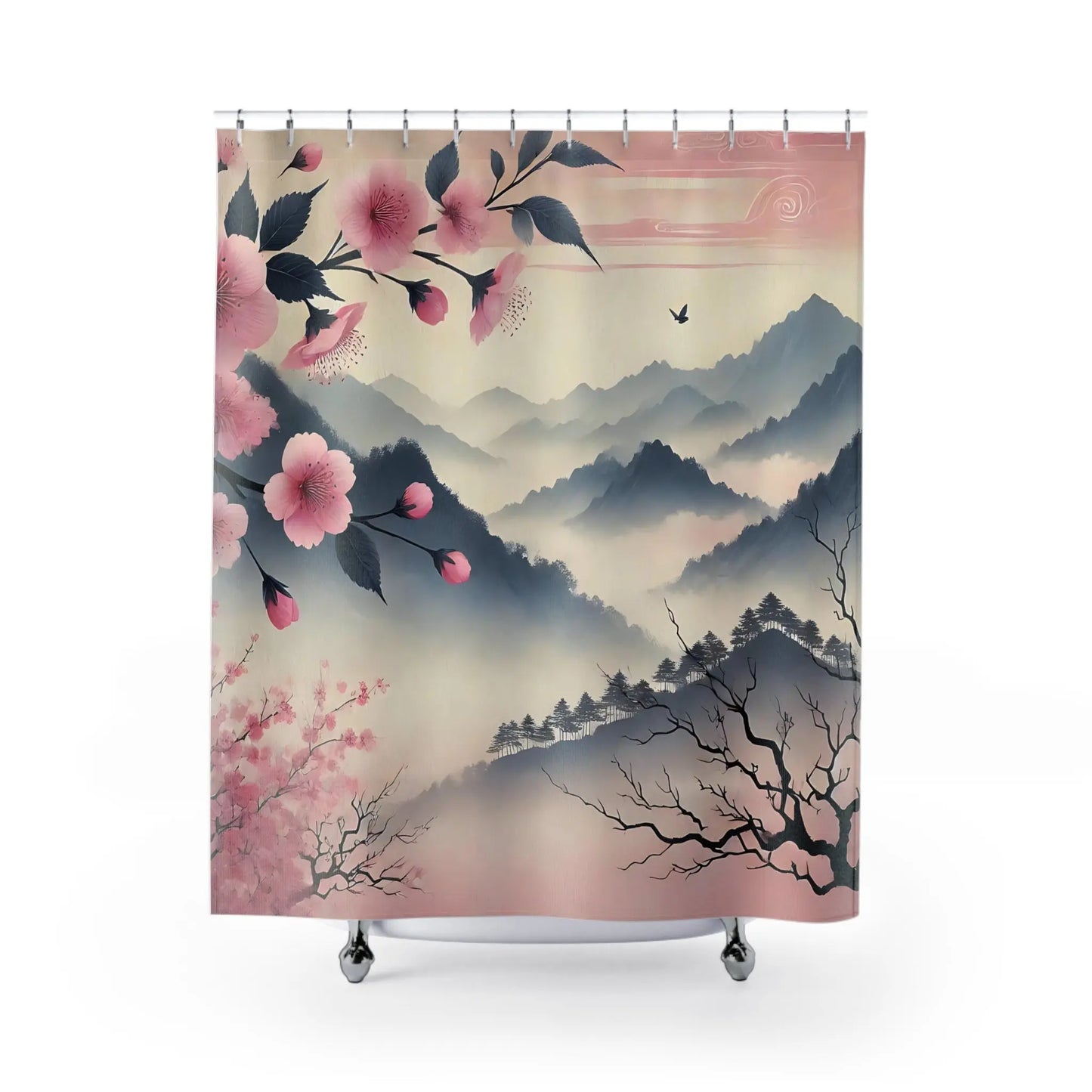 Serene Mountain Cherry Blossom Shower Curtain -...