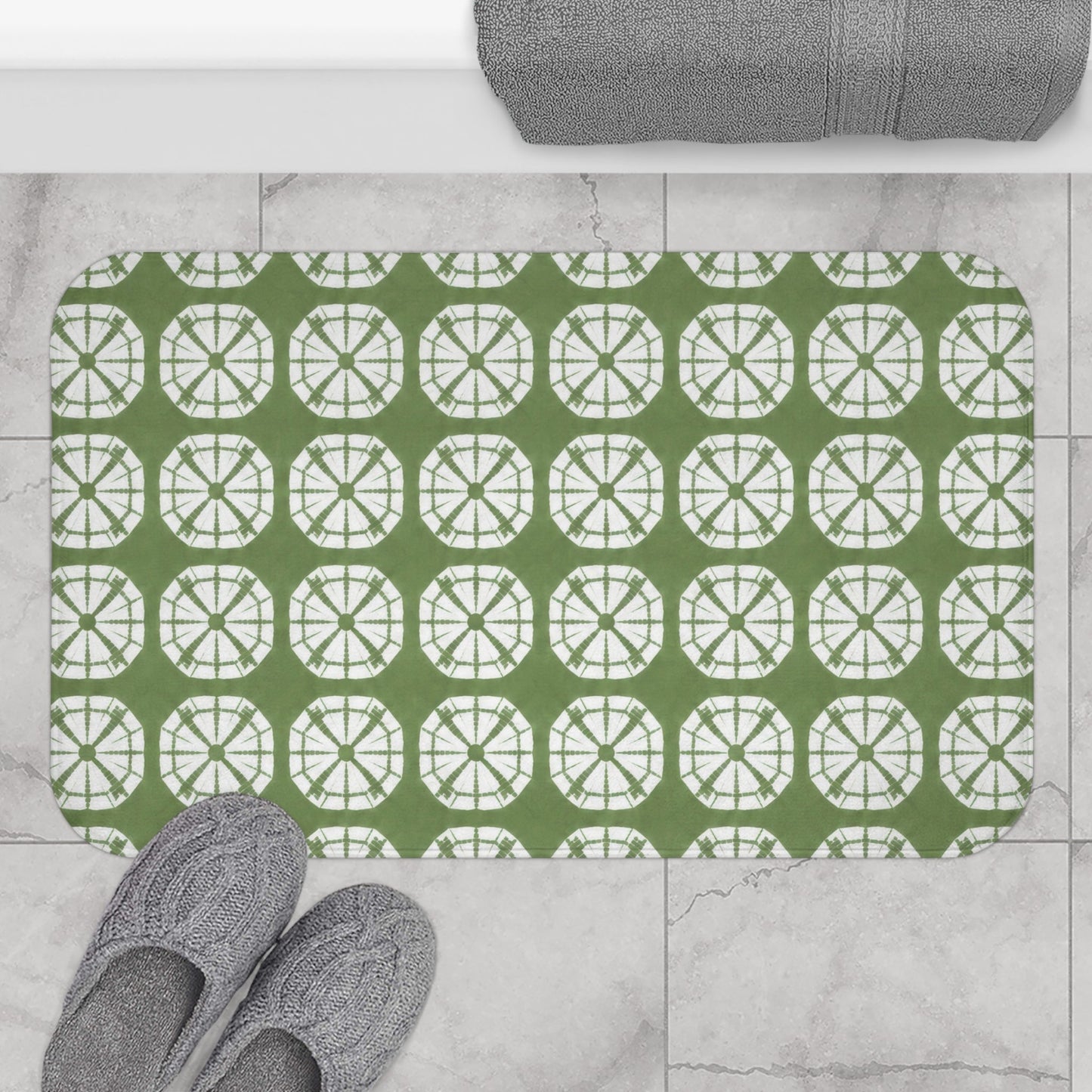 Japanese Shibori Bath Mat - Sage Green + White Tie-Dye Pattern, Boho Bathroom Rug, Non-Slip, Spa Bathroom Decor
