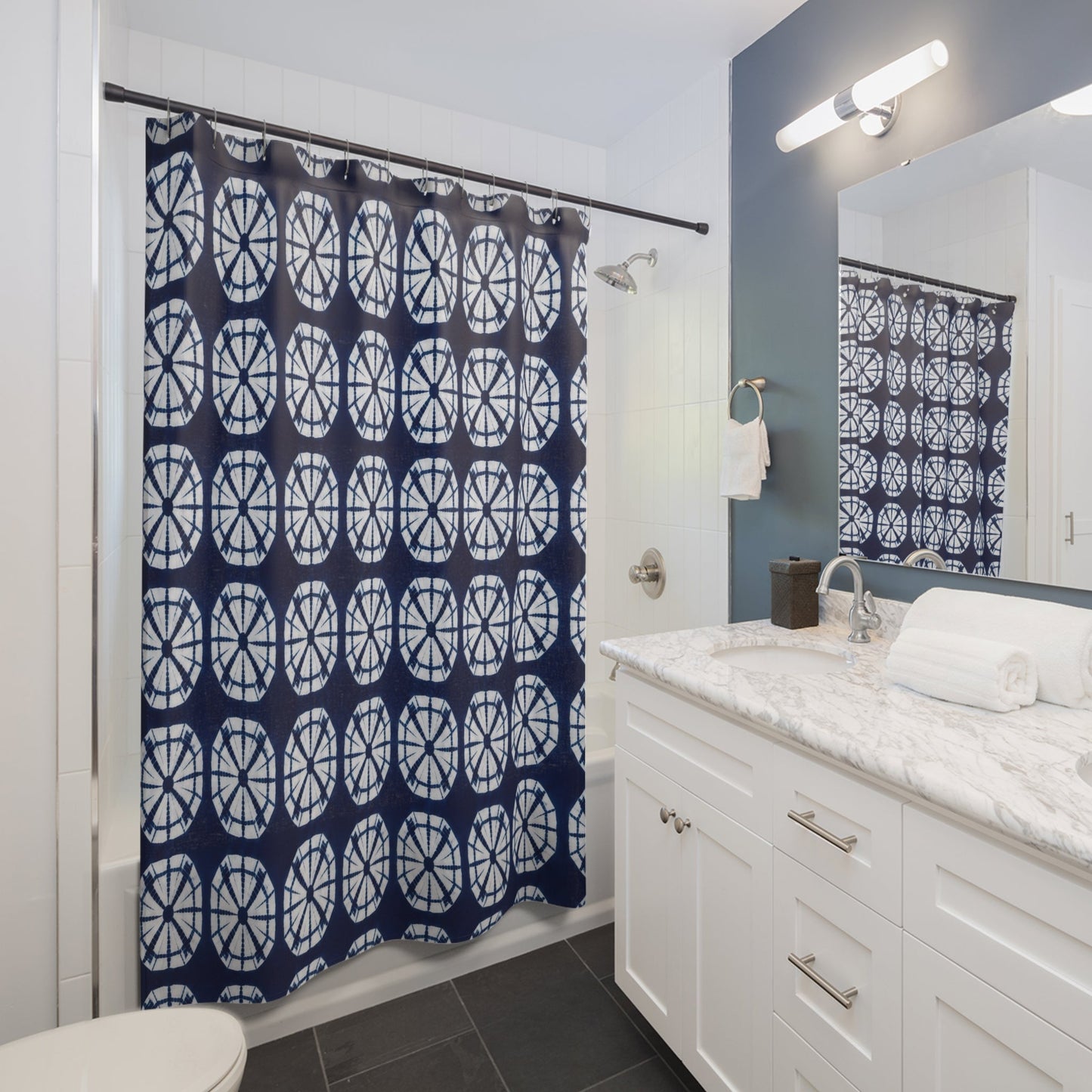 Japanese Shibori Indigo Shower Curtain - Navy Blue Tie-Dye Pattern, Boho Bathroom Decor, Artisan Style, Water Resistant, Bath Makeover Gift