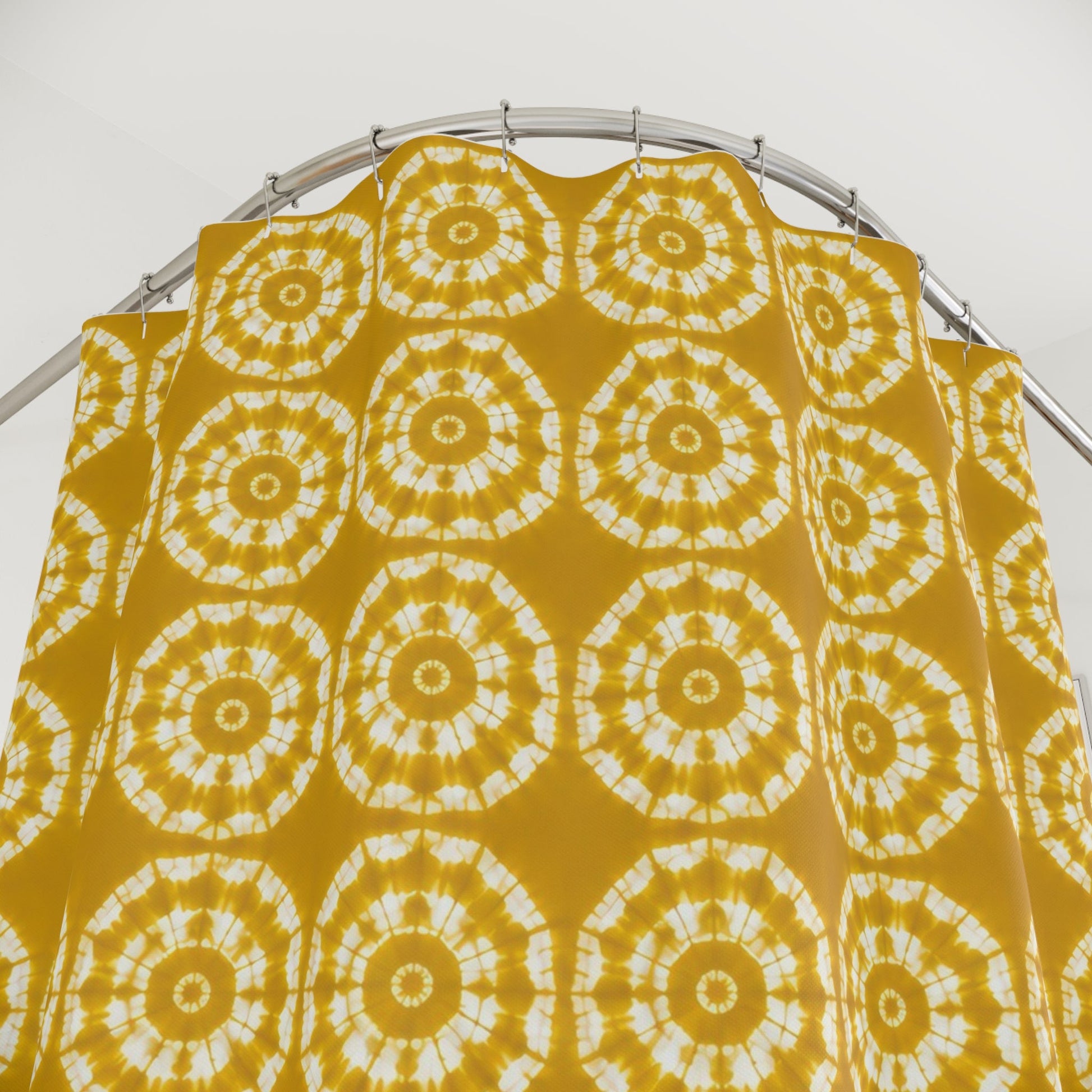 Japanese Shibori Shower Curtain - Mustard + White Tie-Dye Pattern, Boho Bathroom Decor, Artisan Style, Water Resistant