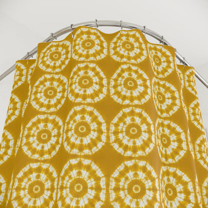 Japanese Shibori Shower Curtain - Mustard + White Tie-Dye Pattern, Boho Bathroom Decor, Artisan Style, Water Resistant