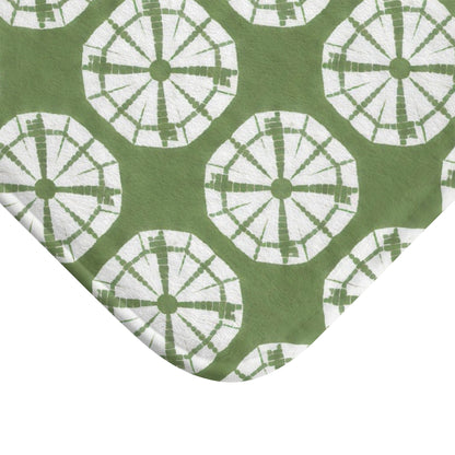 Japanese Shibori Bath Mat - Sage Green + White Tie-Dye Pattern, Boho Bathroom Rug, Non-Slip, Spa Bathroom Decor