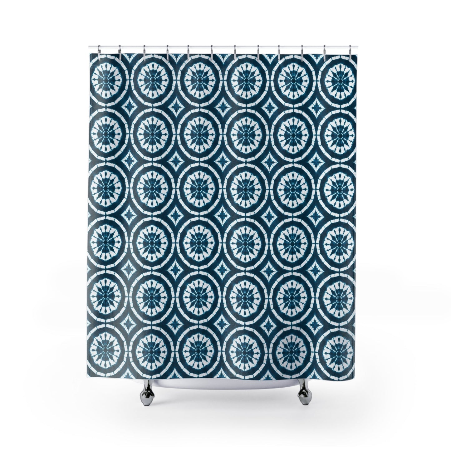 Japanese Shibori Shower Curtain - Teal + White Tie-Dye Pattern, Boho Bathroom Decor, Artisan Style, Water Resistant