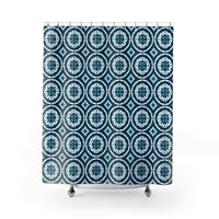 Japanese Shibori Shower Curtain - Teal + White Tie-Dye Pattern, Boho Bathroom Decor, Artisan Style, Water Resistant