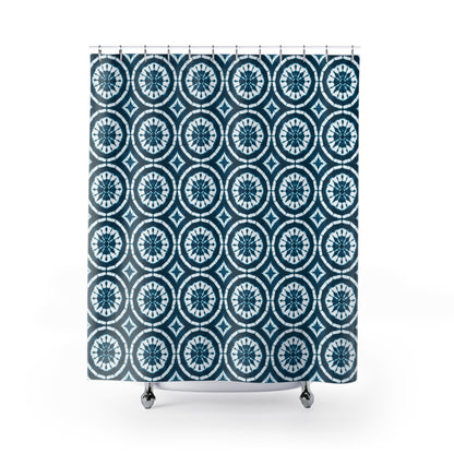 Japanese Shibori Shower Curtain - Teal + White Tie-Dye Pattern, Boho Bathroom Decor, Artisan Style, Water Resistant