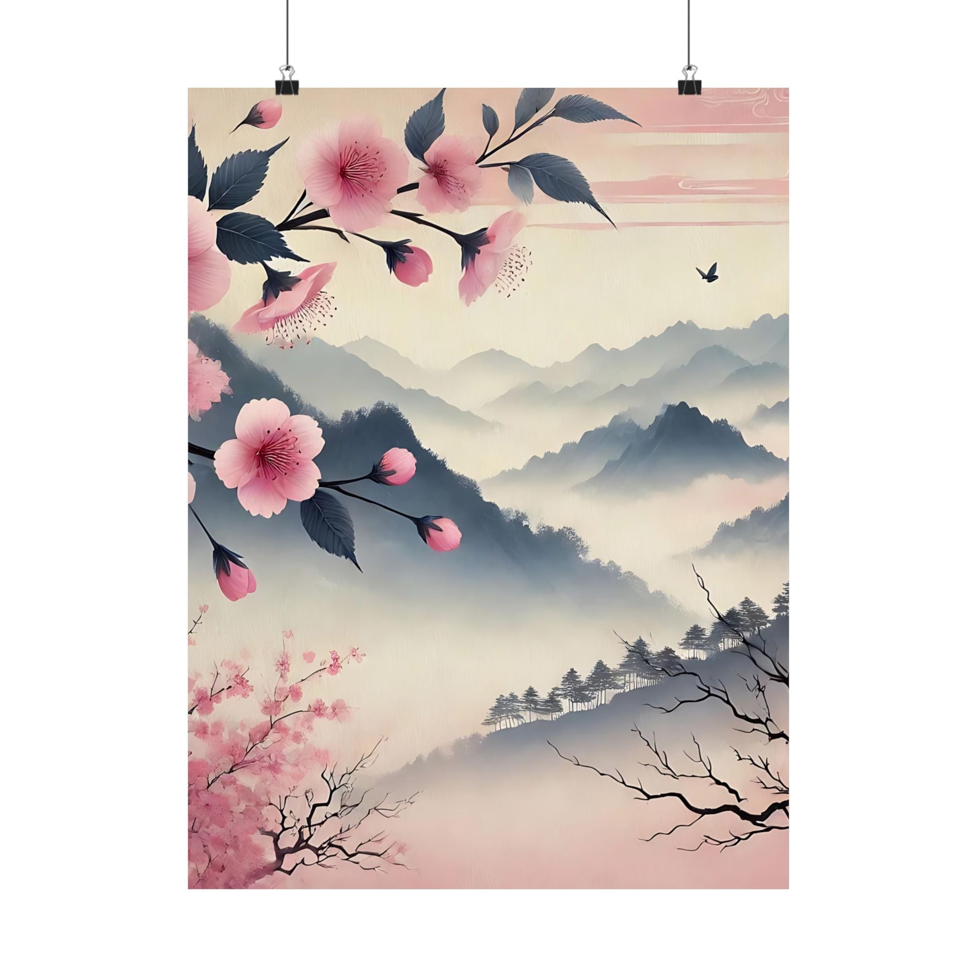 Cherry Blossom Mountain Art Poster