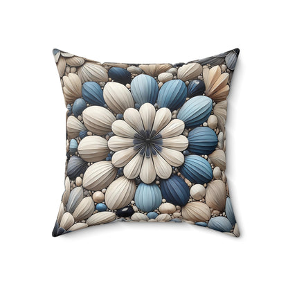 Blue and Beige Textured Floral Throw Pillow