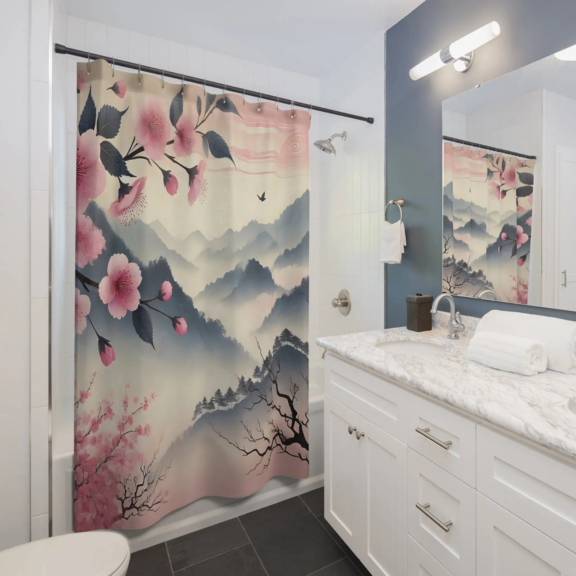 Serene Mountain Cherry Blossom Shower Curtain -...
