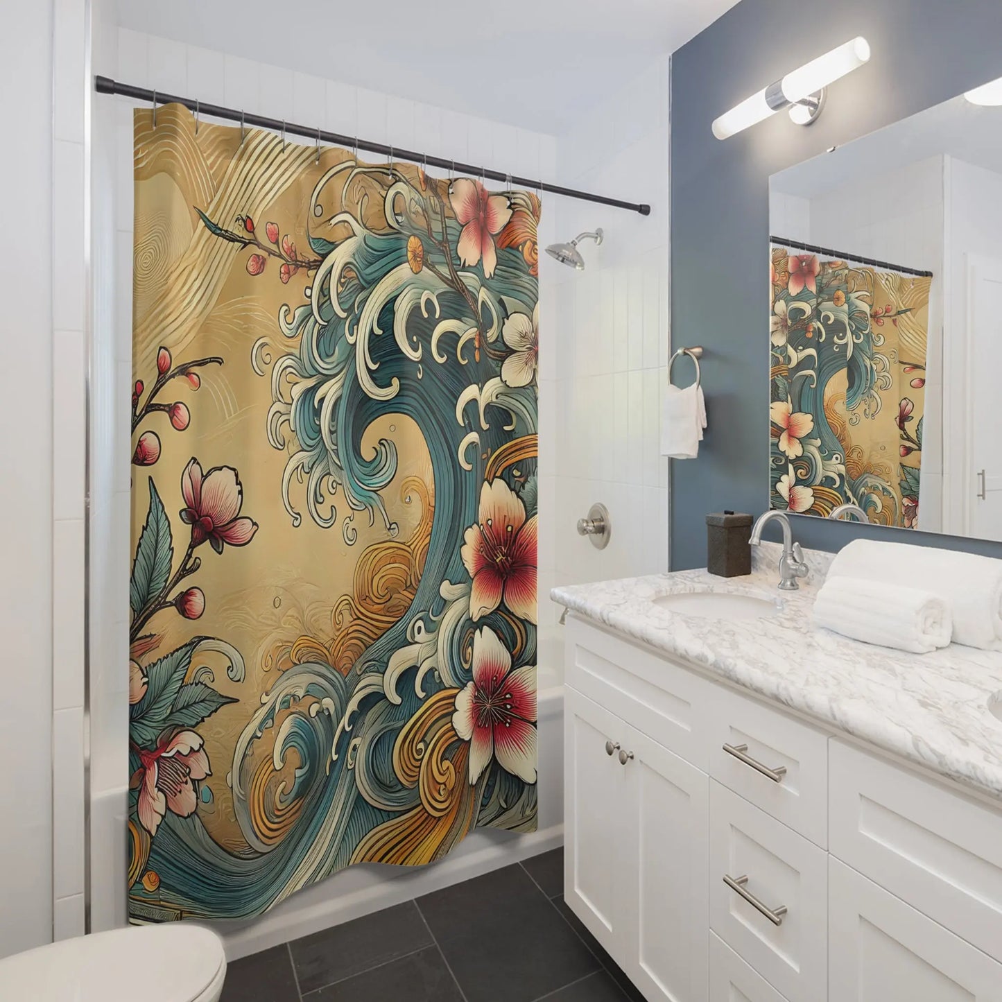 Ocean Wave Cherry Bloom Shower Curtain