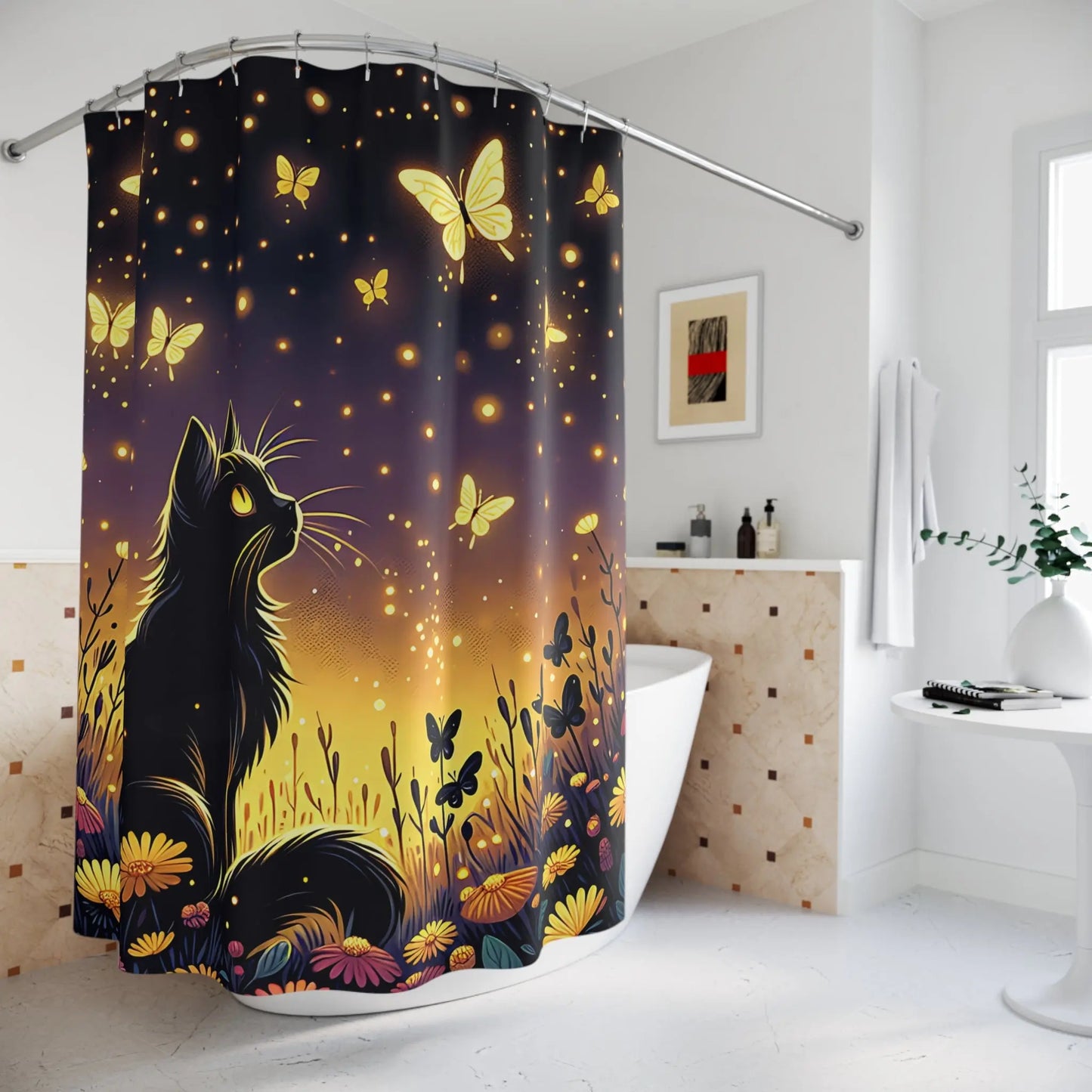 Enchanted Butterfly Cat Shower Curtain