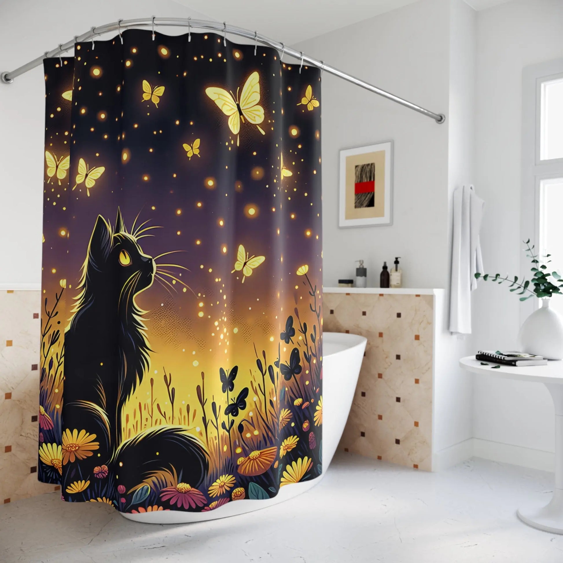 Enchanted Butterfly Cat Shower Curtain