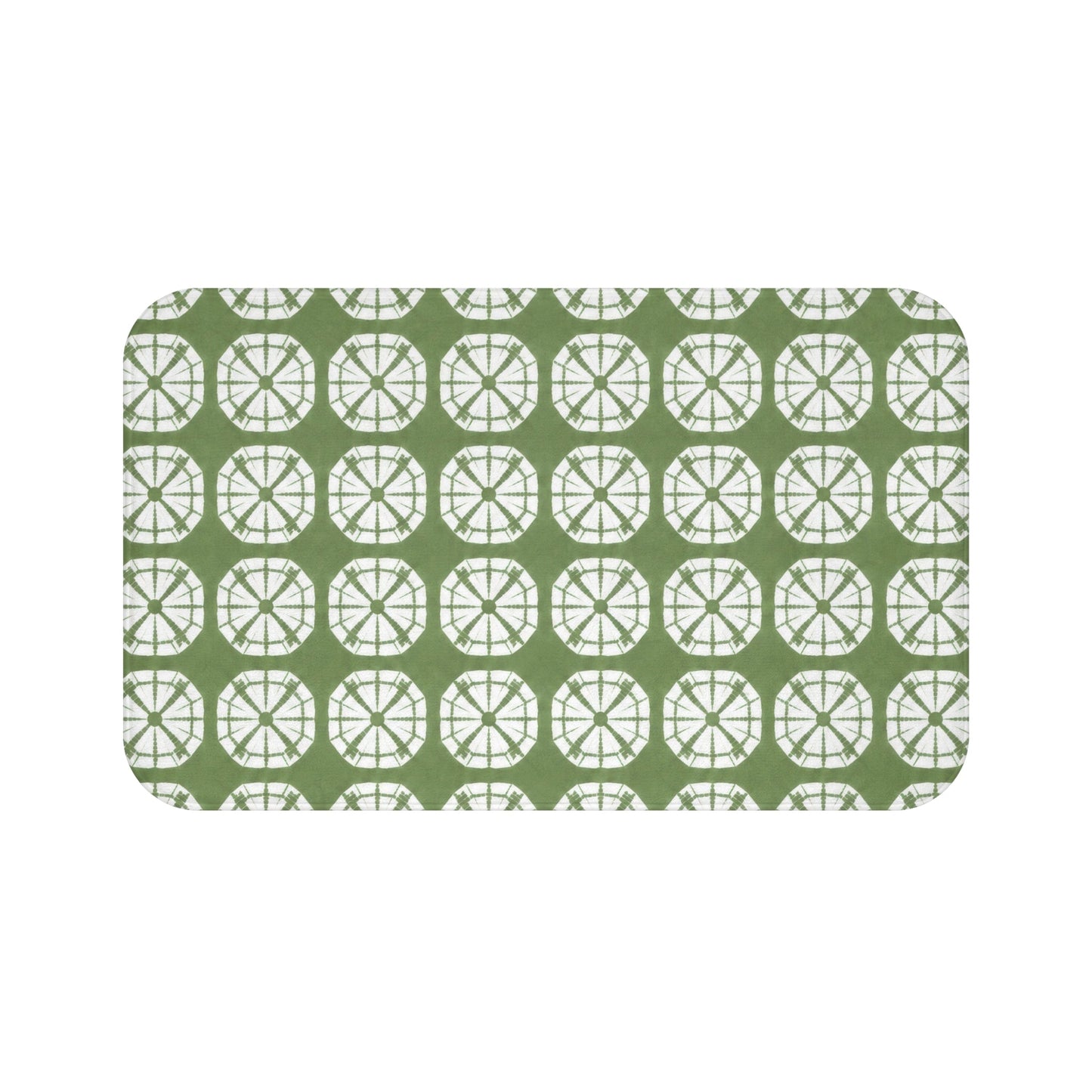 Japanese Shibori Bath Mat - Sage Green + White Tie-Dye Pattern, Boho Bathroom Rug, Non-Slip, Spa Bathroom Decor