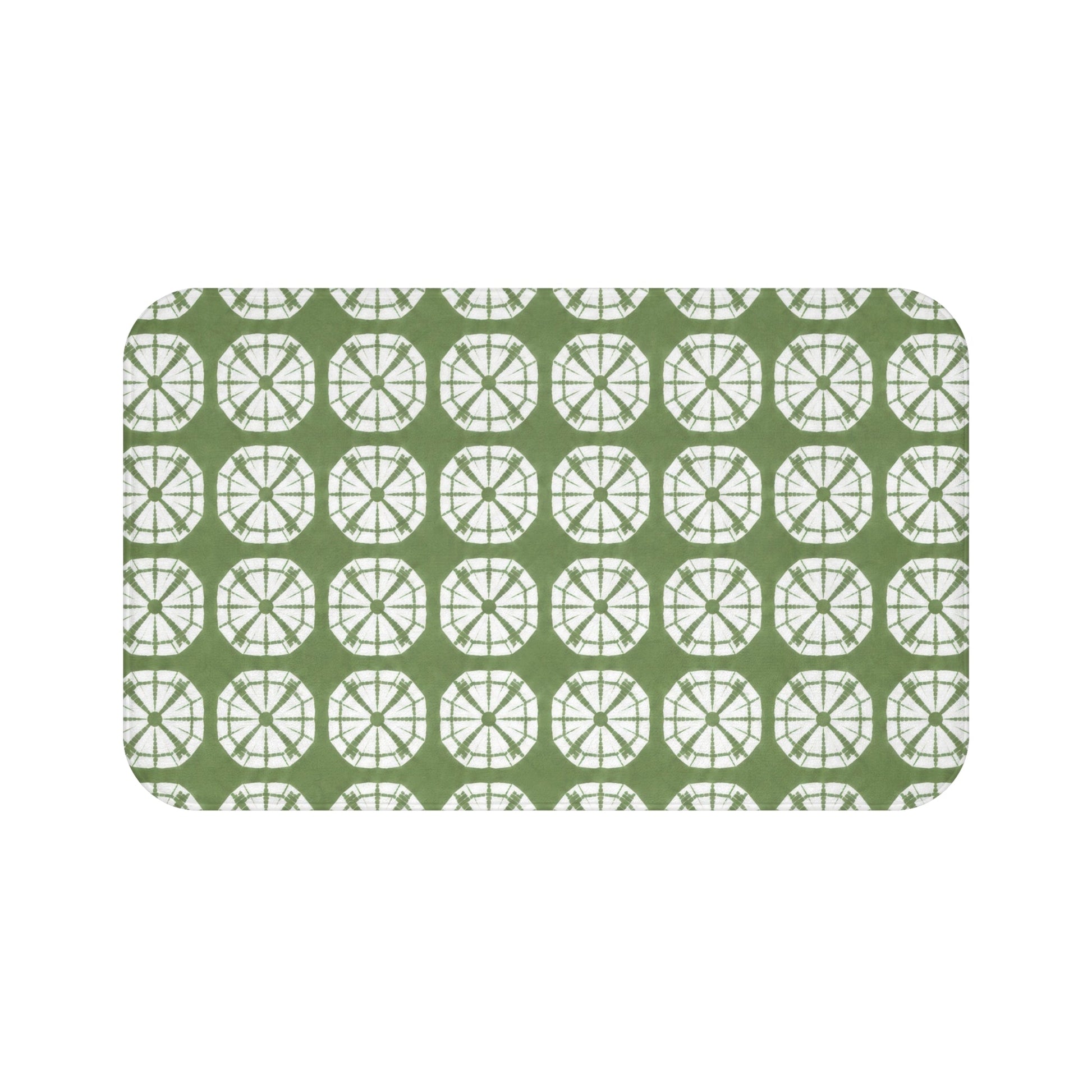 Japanese Shibori Bath Mat - Sage Green + White Tie-Dye Pattern, Boho Bathroom Rug, Non-Slip, Spa Bathroom Decor