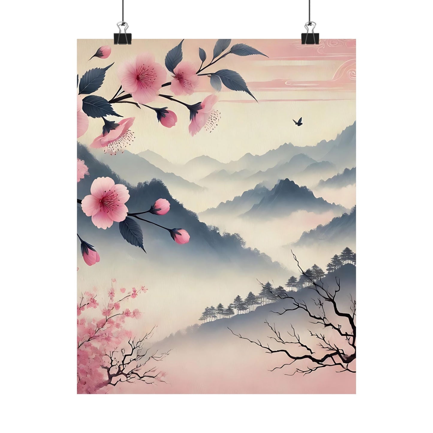 Cherry Blossom Mountain Art Poster