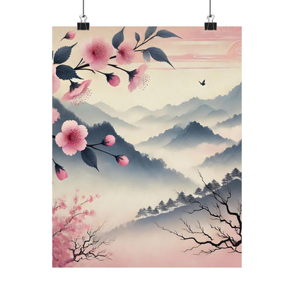 Cherry Blossom Mountain Art Poster