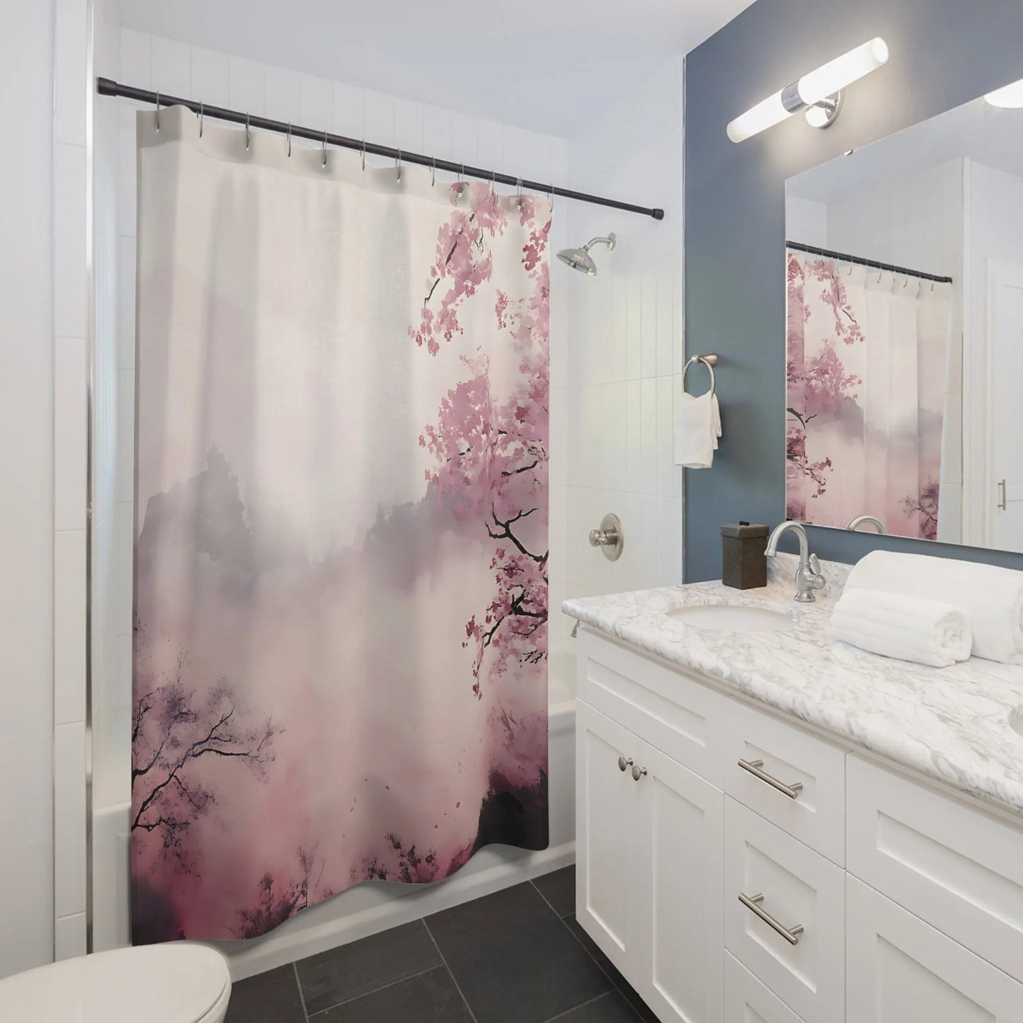 Misty Japanese Cherry Blossom Tree Shower Curtain