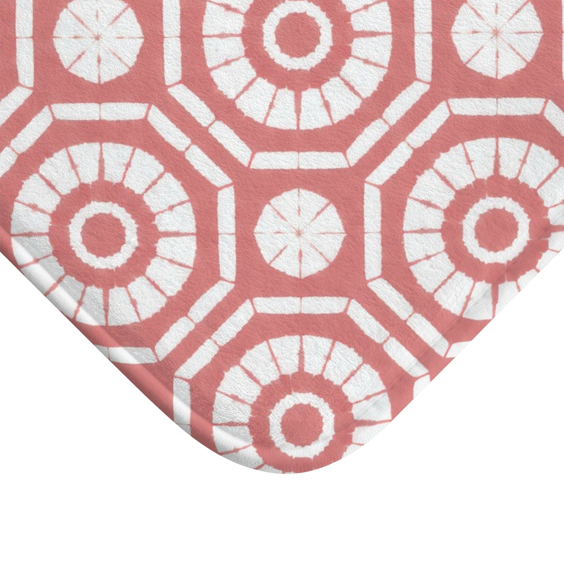 Japanese Shibori Bath Mat - Dusty Rose + White Tie-Dye Pattern, Boho Bathroom Rug, Non-Slip, Spa Bathroom Decor