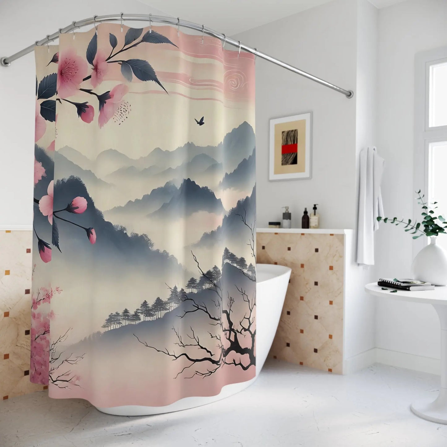 Serene Mountain Cherry Blossom Shower Curtain -...
