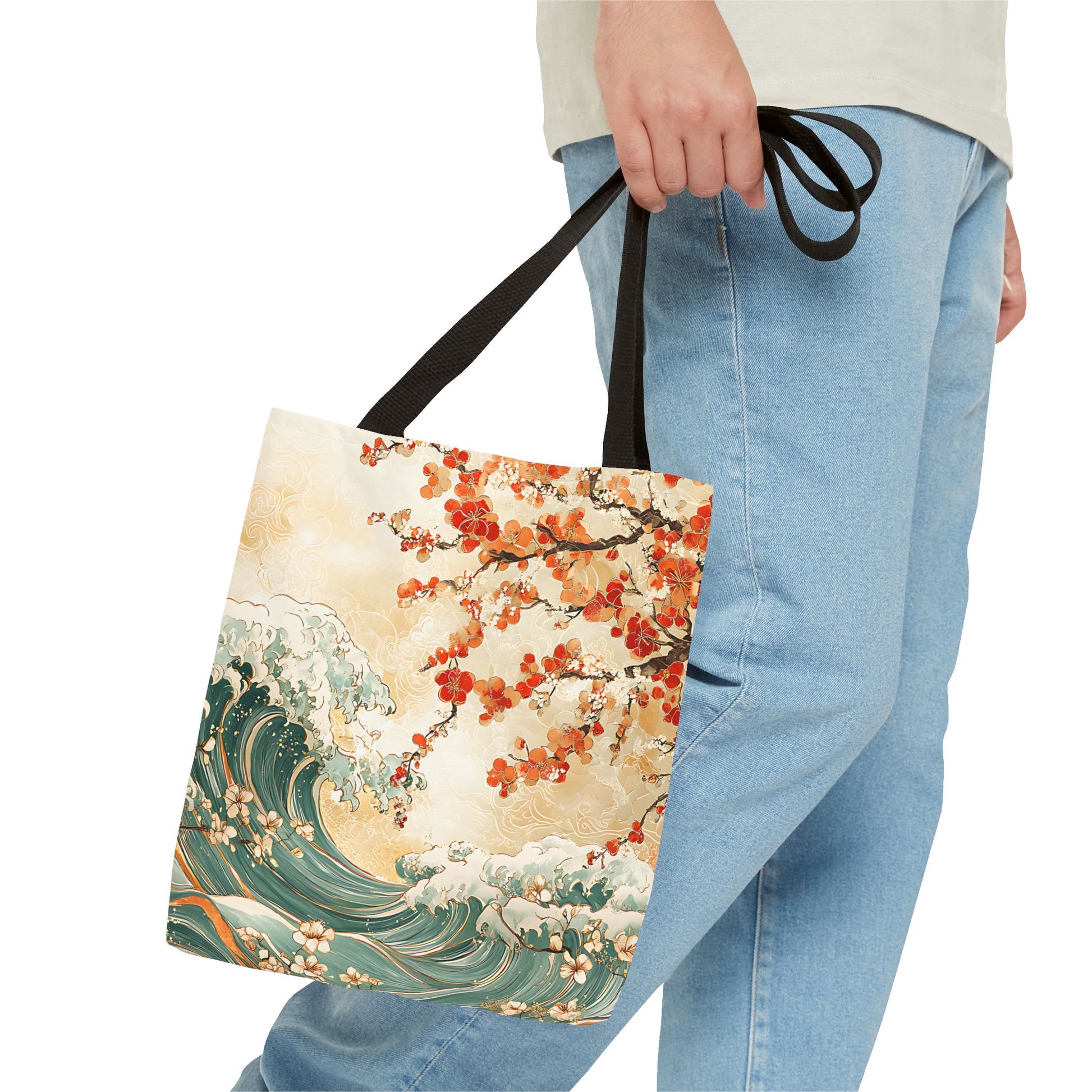 Japanese Cherry Blossom Tree and Water Wave Tote Bag