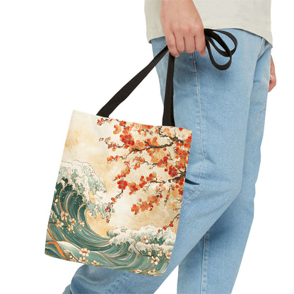 Japanese Cherry Blossom Tree and Water Wave Tote Bag