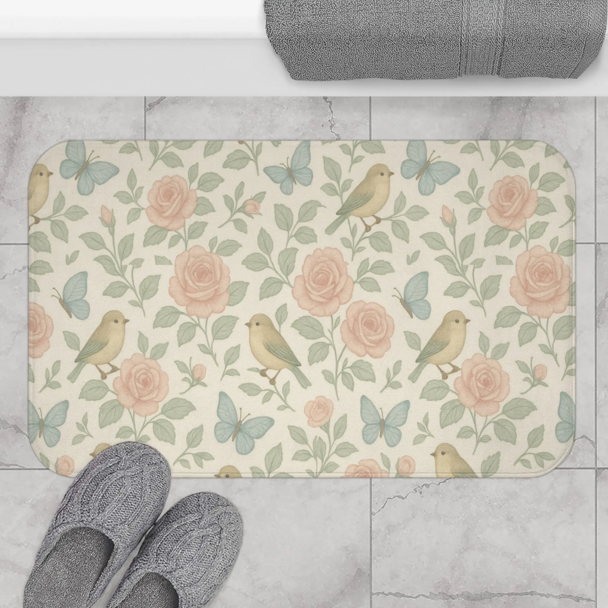 Botanical Birds and Roses Bath Mat