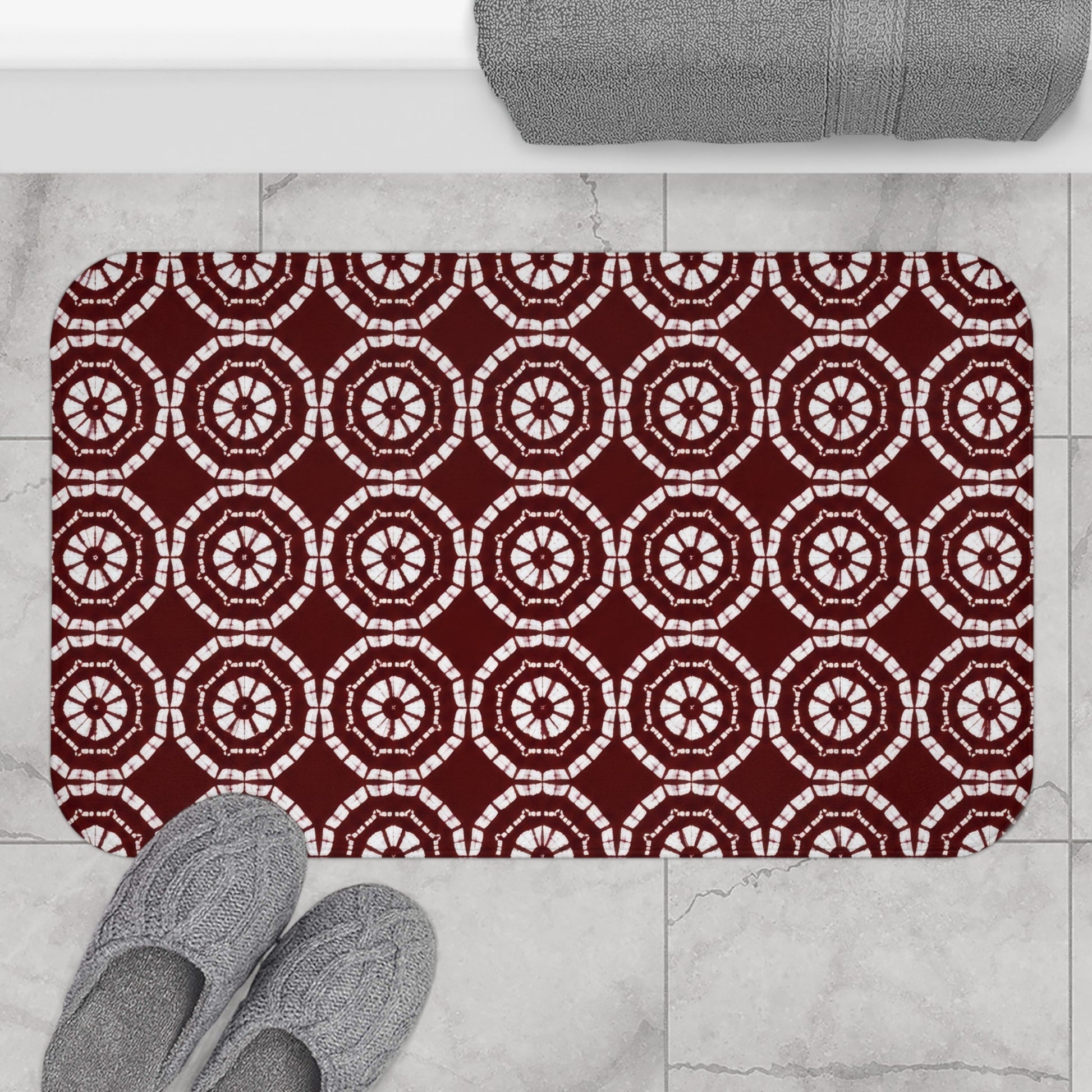 Japanese Shibori Bath Mat - Burgundy + White Tie-Dye Pattern, Boho Bathroom Rug, Non-Slip, Spa Bathroom Decor