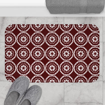 Japanese Shibori Bath Mat - Burgundy + White Tie-Dye Pattern, Boho Bathroom Rug, Non-Slip, Spa Bathroom Decor