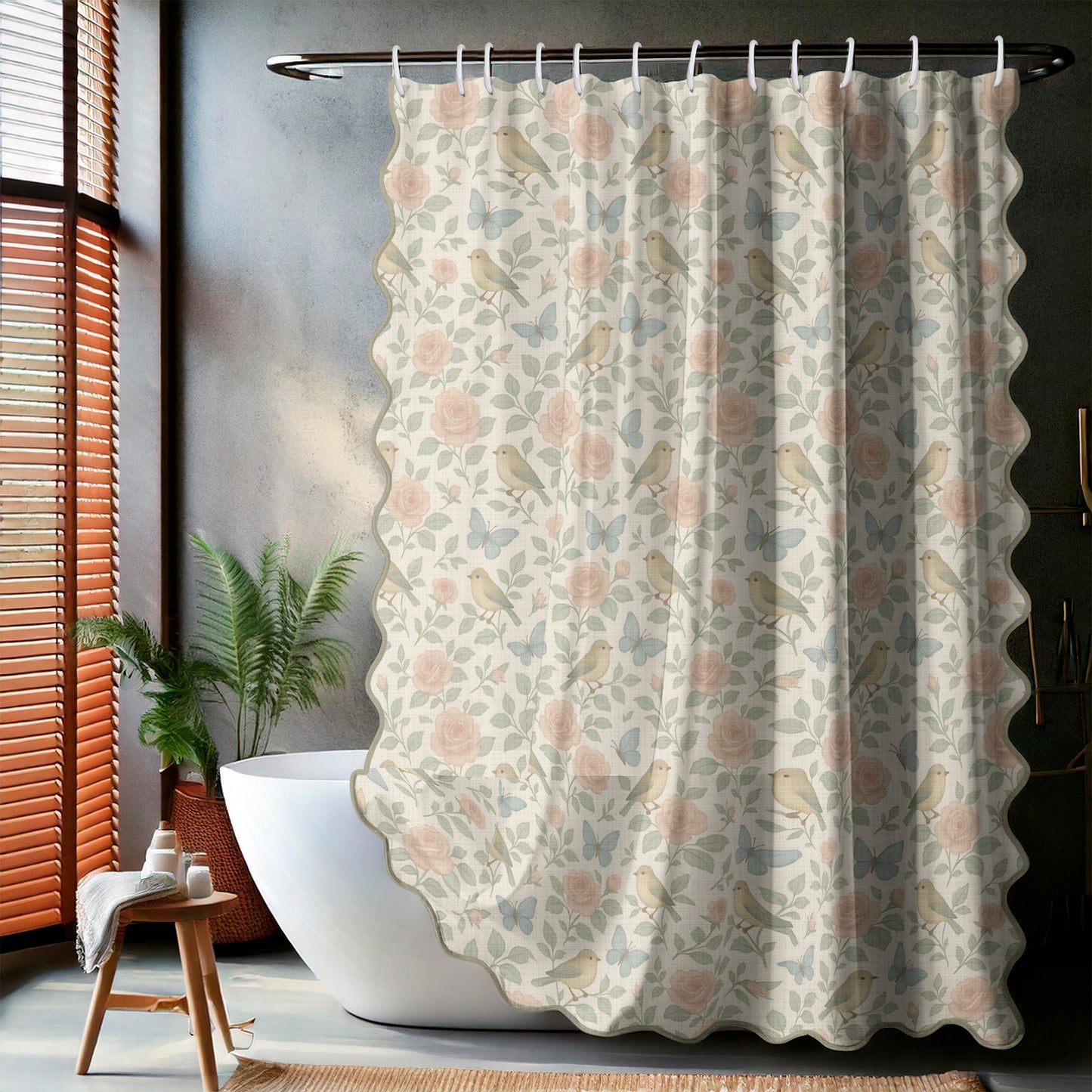 Botanical Birds and Roses Scalloped Shower Curtain