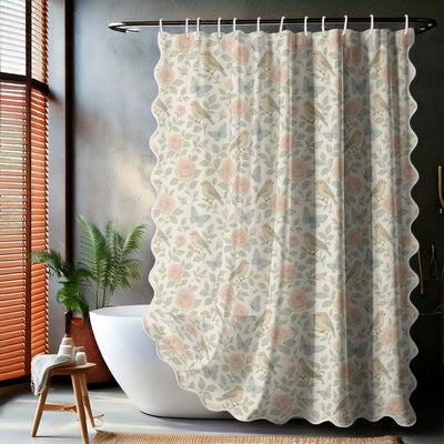 Botanical Birds and Roses Scalloped Shower Curtain